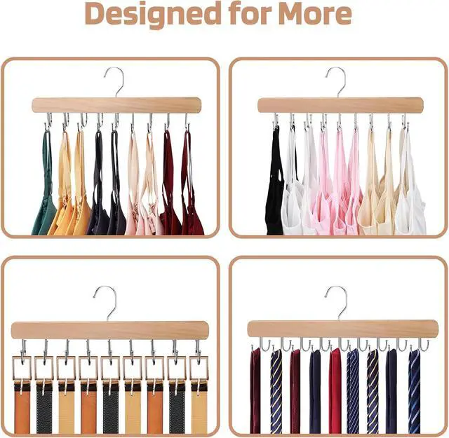 Alt view image 7 of 7 - NECAMOCU 2 Pack Bra Hanger for Closet Organizer, Premium Tank Top Hangers | Wooden Bra Holder with 36 Foldable Hooks, 360° Rotating Design, Space Saving Storage for Tank Tops, Bras, Belts, and More