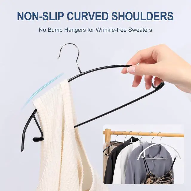 Alt view image 4 of 7 - Sweater Hangers No Shoulder Bump, Non-Slip Rubber & Rust-Free Metal | Heavy Duty and Ergonomic Curved for Closet Clothes like Suits Coats Pants Dresses or Shirts, Set of 5, Black Coated