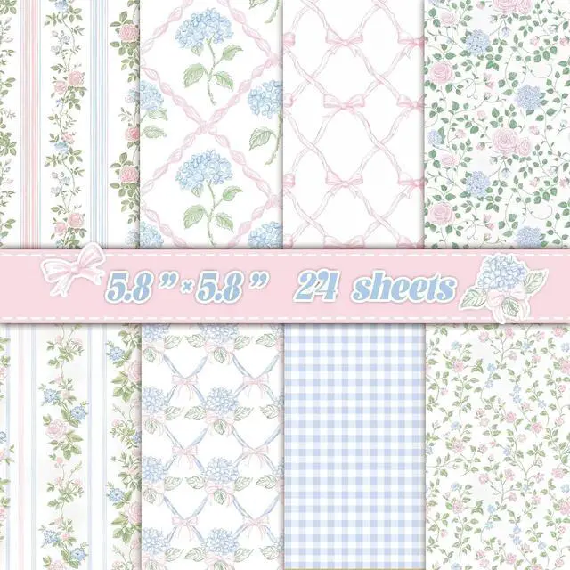 Main image of 24 Sheets Scrapbook Paper - Soft Vintage Flora | Cardstock Paper | Pastel Pink Hydrangea Rose Patterns for Junk Journal, Decoupage, Card Making, Scrapbooking, DIY Home Decor