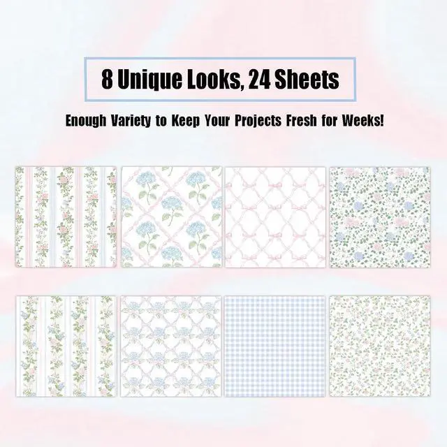 Alt view image 3 of 7 - 24 Sheets Scrapbook Paper - Soft Vintage Flora | Cardstock Paper | Pastel Pink Hydrangea Rose Patterns for Junk Journal, Decoupage, Card Making, Scrapbooking, DIY Home Decor