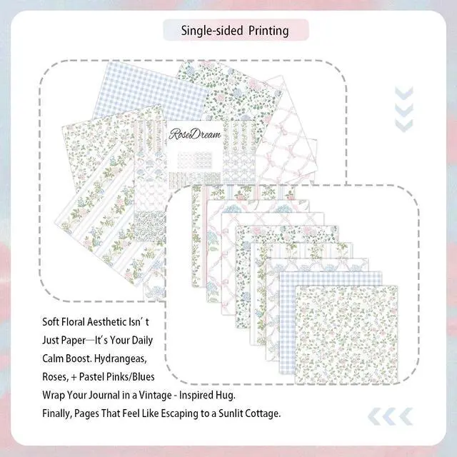 Alt view image 7 of 7 - 24 Sheets Scrapbook Paper - Soft Vintage Flora | Cardstock Paper | Pastel Pink Hydrangea Rose Patterns for Junk Journal, Decoupage, Card Making, Scrapbooking, DIY Home Decor