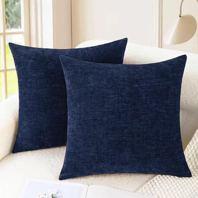 Main image of CaliTime Decorative Couch Throw Pillow Covers 18 X 18 Inches Navy Blue | Pack of 2, Cozy Chenille Cushion Cases for Sofa Bed Living Room Farmhouse Home