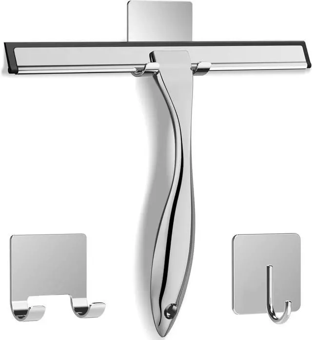 Main image of All-Purpose Stainless Steel Shower Squeegee for Shower Glass Door with 2 Adhesive Hooks, Bathroom Cleaner Tool Household Window Mirror Squeegee , Cleaning Tile Wall, Car, 10 Inch Silver