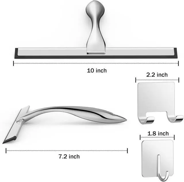Alt view image 2 of 7 - All-Purpose Stainless Steel Shower Squeegee for Shower Glass Door with 2 Adhesive Hooks, Bathroom Cleaner Tool Household Window Mirror Squeegee , Cleaning Tile Wall, Car, 10 Inch Silver