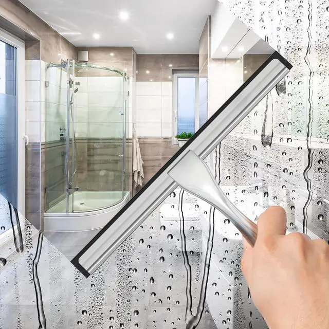 Alt view image 3 of 7 - All-Purpose Stainless Steel Shower Squeegee for Shower Glass Door with 2 Adhesive Hooks, Bathroom Cleaner Tool Household Window Mirror Squeegee , Cleaning Tile Wall, Car, 10 Inch Silver