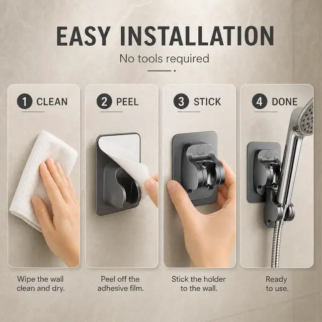 Alt view image 4 of 7 - Adhesive Shower Head Holder, Adjustable Handheld Shower Mount | Adjustable Shower Mount: Flexible angle design lets you adjust handheld shower direction for a comfortable shower experience.