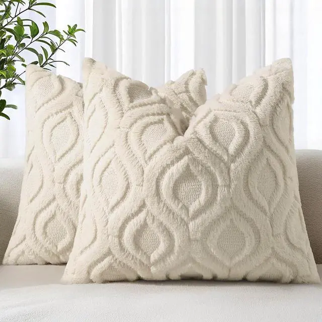 Main image of decorUhome Faux Fur Plush Soft Beige Throw Pillow Covers 18x18 Set of 2 | Wool Solid Fall Couch Pillow Covers, Accent Modern Farmhouse Neutral Decorative Square Pillow Cases for Sofa Bed Living Room