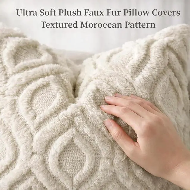 Alt view image 2 of 7 - decorUhome Faux Fur Plush Soft Beige Throw Pillow Covers 18x18 Set of 2 | Wool Solid Fall Couch Pillow Covers, Accent Modern Farmhouse Neutral Decorative Square Pillow Cases for Sofa Bed Living Room
