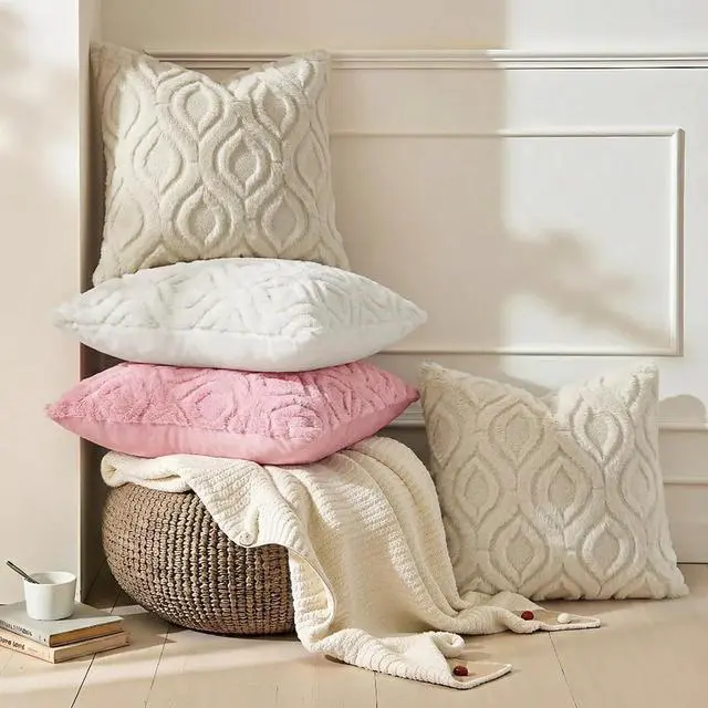 Alt view image 4 of 7 - decorUhome Faux Fur Plush Soft Beige Throw Pillow Covers 18x18 Set of 2 | Wool Solid Fall Couch Pillow Covers, Accent Modern Farmhouse Neutral Decorative Square Pillow Cases for Sofa Bed Living Room
