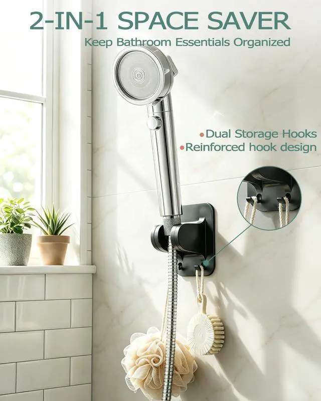 Alt view image 2 of 7 - No-Drill Shower Head Holder with 2 Hooks, Matte Black | Adhesive Mount for Smooth Tile Glass Metal, Adjustable Angle, Bathroom RV Garage, Tool-Free Install