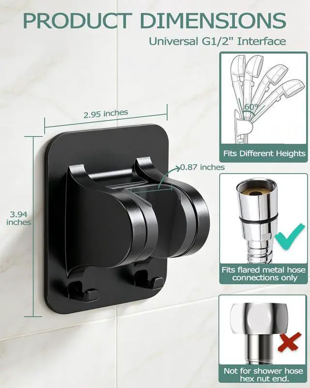Alt view image 3 of 7 - No-Drill Shower Head Holder with 2 Hooks, Matte Black | Adhesive Mount for Smooth Tile Glass Metal, Adjustable Angle, Bathroom RV Garage, Tool-Free Install