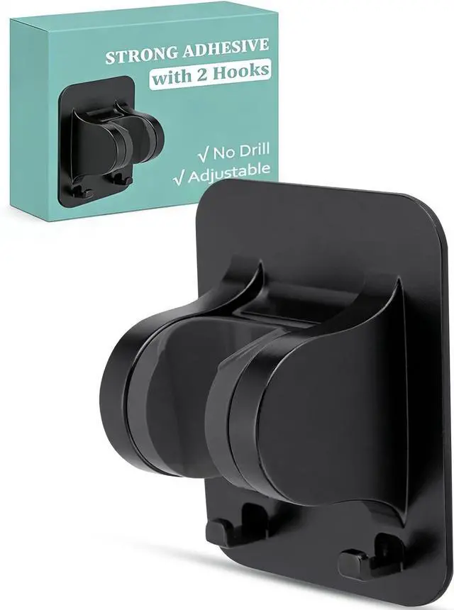 Main image of No-Drill Shower Head Holder with 2 Hooks, Matte Black | Adhesive Mount for Smooth Tile Glass Metal, Adjustable Angle, Bathroom RV Garage, Tool-Free Install