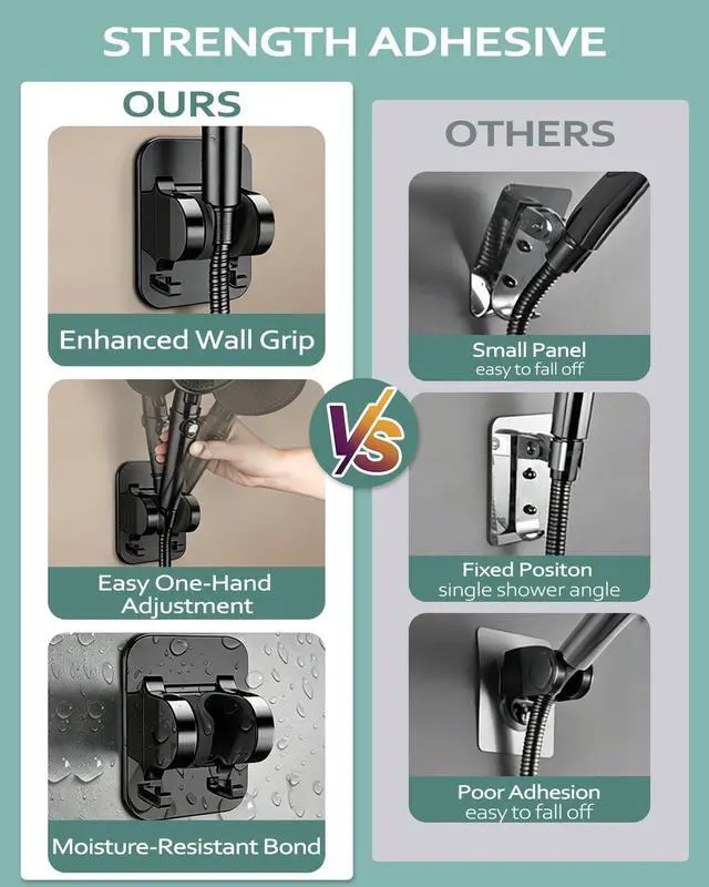 Alt view image 4 of 7 - No-Drill Shower Head Holder with 2 Hooks, Matte Black | Adhesive Mount for Smooth Tile Glass Metal, Adjustable Angle, Bathroom RV Garage, Tool-Free Install