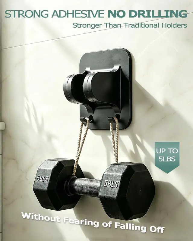 Alt view image 5 of 7 - No-Drill Shower Head Holder with 2 Hooks, Matte Black | Adhesive Mount for Smooth Tile Glass Metal, Adjustable Angle, Bathroom RV Garage, Tool-Free Install