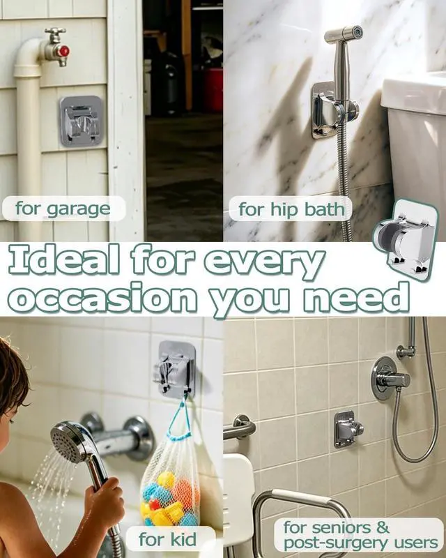 Alt view image 7 of 7 - No-Drill Shower Head Holder with 2 Hooks, Matte Black | Adhesive Mount for Smooth Tile Glass Metal, Adjustable Angle, Bathroom RV Garage, Tool-Free Install