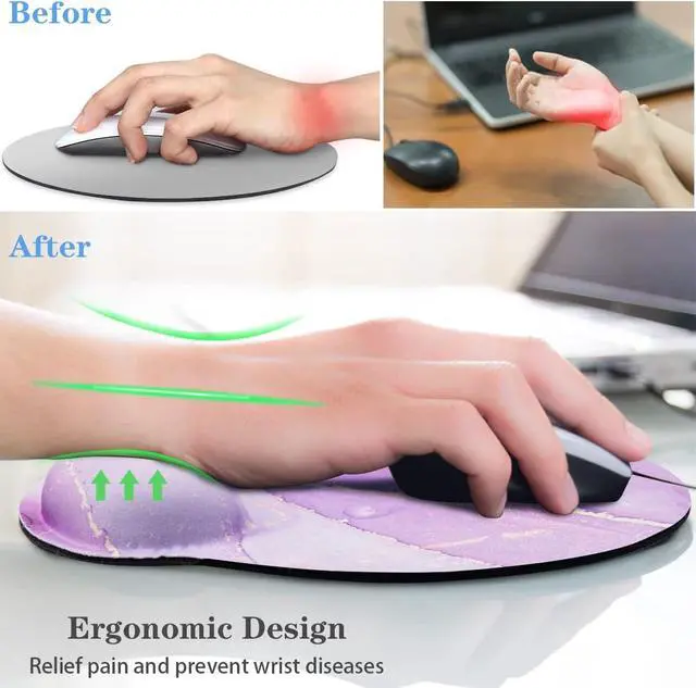 Alt view image 3 of 7 - Ergonomic Mouse Pad with Wrist Support, Cute Round Mouse Mat, Non-Slip Rubber Base Mousepad for Laptop, Office School Mouse Pad Easy Typing & Pain Relief, Purple Marble