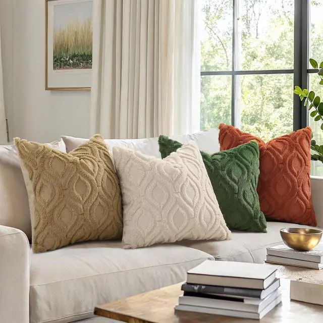 Alt view image 7 of 7 - decorUhome Faux Fur Plush Soft Beige Throw Pillow Covers 18x18 Set of 2 | Wool Solid Fall Couch Pillow Covers, Accent Modern Farmhouse Neutral Decorative Square Pillow Cases for Sofa Bed Living Room