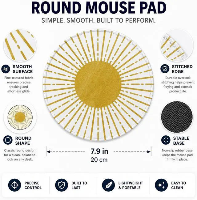 Alt view image 3 of 7 - QIYUHOY Boho Yellow Round Mouse Pad, 7.9x7.9 Inch | Sun Sunset Sunshine Small Mousepad, Non-Slip Rubber Base for Wireless Mouse
