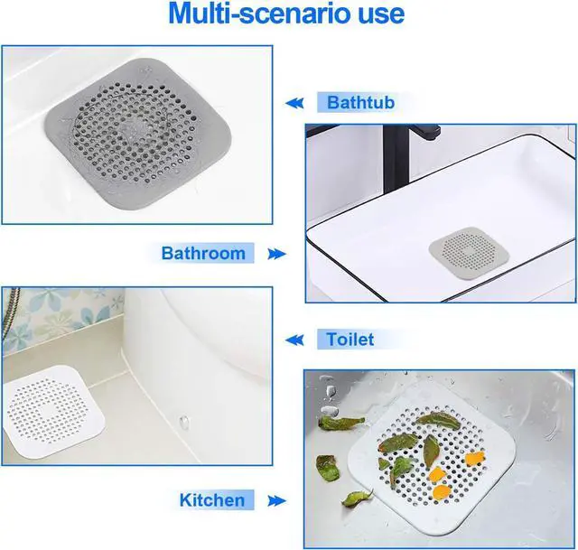Alt view image 4 of 7 - Drain Hair Catcher 2 Packs, Shower/Bathtub Drain Cover, Silicone Hair Catcher for Shower, Square Drain Stopper for Tub,Kitchen,Bathroom Gray/White