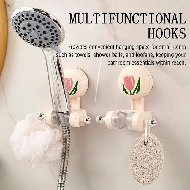 Alt view image 3 of 6 - Handheld Shower Head Holder - Adjustable Suction Cup Bracket for Bathroom Wall Mount with Hook for Towels,Shower Ball,Shower Loofah, Medium, White