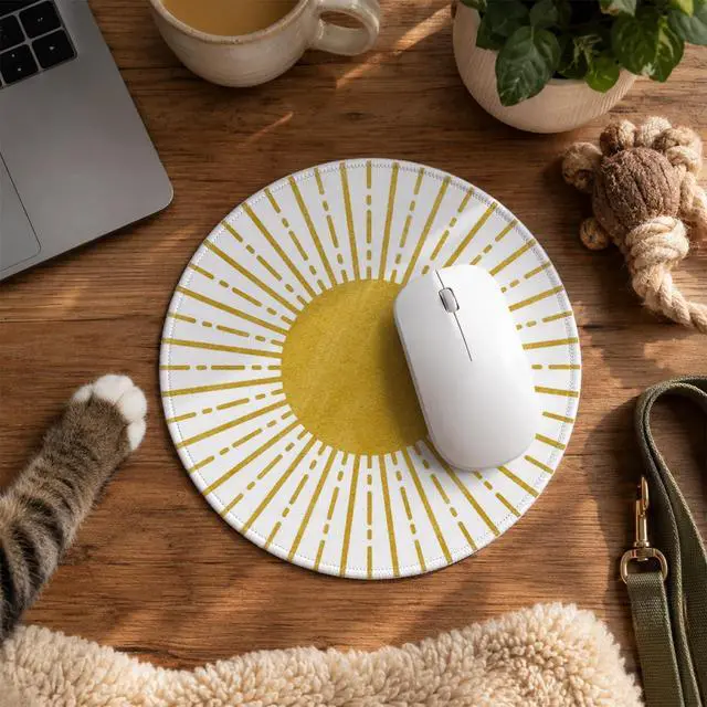 Alt view image 4 of 7 - QIYUHOY Boho Yellow Round Mouse Pad, 7.9x7.9 Inch | Sun Sunset Sunshine Small Mousepad, Non-Slip Rubber Base for Wireless Mouse