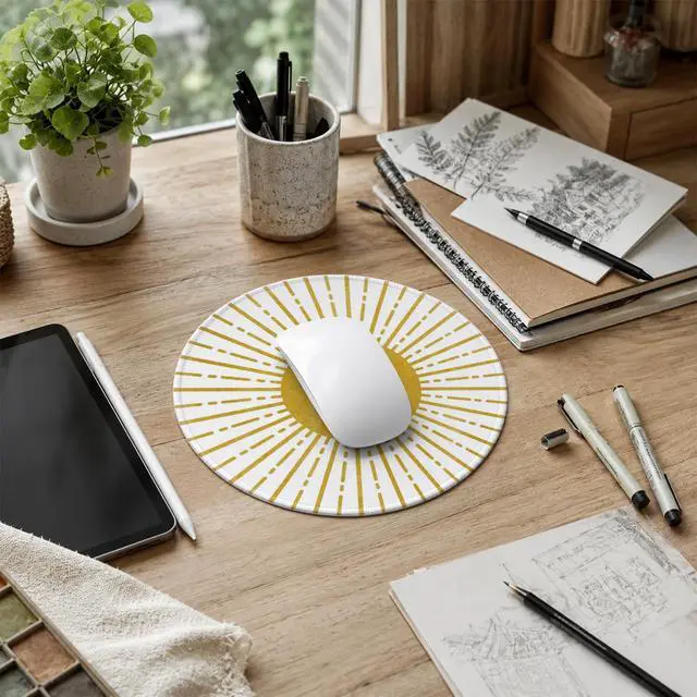 Alt view image 7 of 7 - QIYUHOY Boho Yellow Round Mouse Pad, 7.9x7.9 Inch | Sun Sunset Sunshine Small Mousepad, Non-Slip Rubber Base for Wireless Mouse