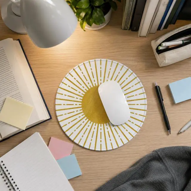 Alt view image 5 of 7 - QIYUHOY Boho Yellow Round Mouse Pad, 7.9x7.9 Inch | Sun Sunset Sunshine Small Mousepad, Non-Slip Rubber Base for Wireless Mouse