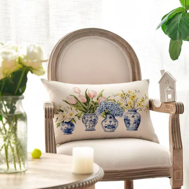 Alt view image 2 of 7 - AVOIN colorlife Blue and White Porcelain Vase Chinoiserie Throw Pillow Cover, 12 x 20 Inch Spring Flowers Tulip Hydrangea Cushion Case for Sofa Couch