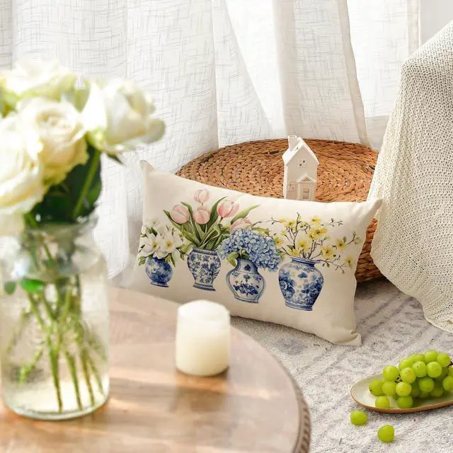 Alt view image 3 of 7 - AVOIN colorlife Blue and White Porcelain Vase Chinoiserie Throw Pillow Cover, 12 x 20 Inch Spring Flowers Tulip Hydrangea Cushion Case for Sofa Couch