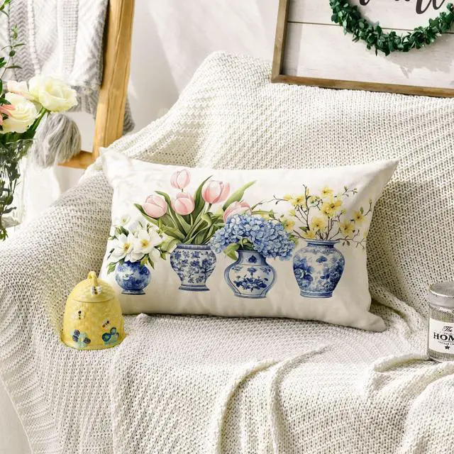 Alt view image 4 of 7 - AVOIN colorlife Blue and White Porcelain Vase Chinoiserie Throw Pillow Cover, 12 x 20 Inch Spring Flowers Tulip Hydrangea Cushion Case for Sofa Couch
