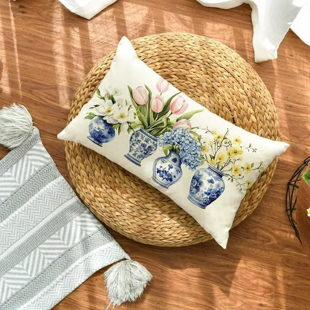 Alt view image 5 of 7 - AVOIN colorlife Blue and White Porcelain Vase Chinoiserie Throw Pillow Cover, 12 x 20 Inch Spring Flowers Tulip Hydrangea Cushion Case for Sofa Couch