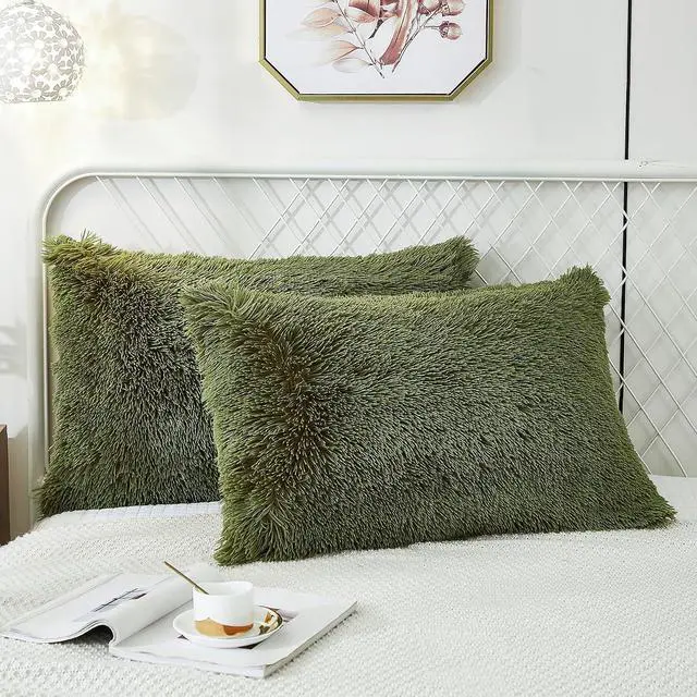 Alt view image 2 of 6 - Fluffy Set of 2 Pillowcases Faux Fur Throw Pillow Covers King Size Shams Soft Christmas Decorative Zipper Closure (Sage, 20"x36")