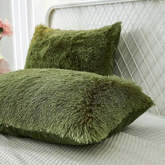 Alt view image 3 of 6 - Fluffy Set of 2 Pillowcases Faux Fur Throw Pillow Covers King Size Shams Soft Christmas Decorative Zipper Closure (Sage, 20"x36")