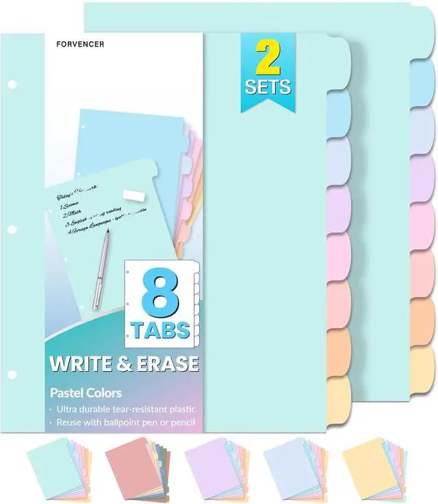 Main image of Forvencer 8-Tab Binder Dividers with Tabs, 2 Sets Write&Erase Dividers | Dividers for 3 Ring Binder, Durable Binder Tabs for Organizers, 3 Ring Binder Dividers with Tabs for School Office, Pastels