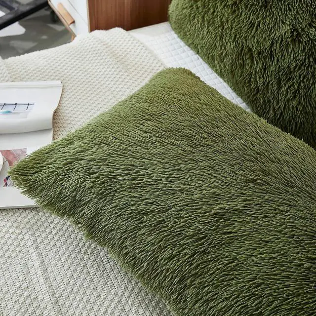 Alt view image 4 of 6 - Fluffy Set of 2 Pillowcases Faux Fur Throw Pillow Covers King Size Shams Soft Christmas Decorative Zipper Closure (Sage, 20"x36")