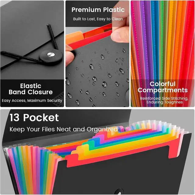 Alt view image 3 of 7 - 13 Pocket Accordion File Organizer with Elastic Closure, Expanding File Folder for Letter Size A4 Papers, Ideal for Home, Office Supplies, College Essentials - Black