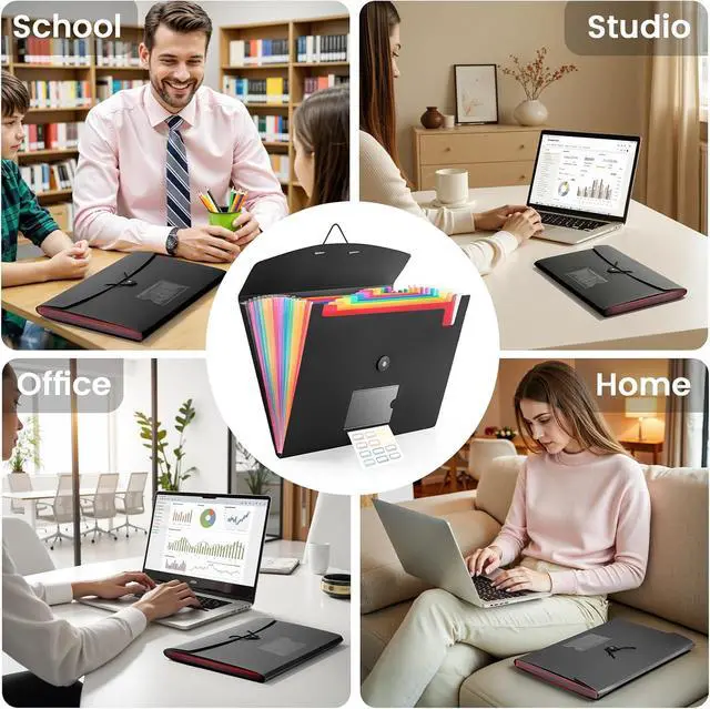 Alt view image 7 of 7 - 13 Pocket Accordion File Organizer with Elastic Closure, Expanding File Folder for Letter Size A4 Papers, Ideal for Home, Office Supplies, College Essentials - Black