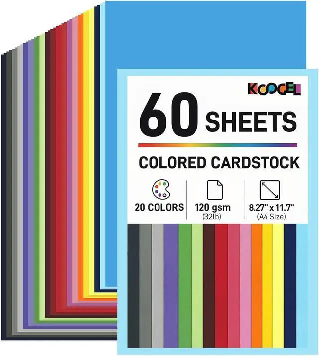 Main image of Koogel 60 Sheets Colored Craft Paper, 8.27" x 11.7" (A4 Size) | 20 Assorted Colors, 120gsm/32lb Lightweight Cardstock for Kids Crafts, Origami, Printing & Holiday Decorations
