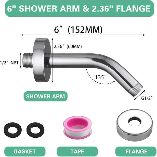 Alt view image 2 of 7 - Shower Arm with Flange +Tape,Stainless Steel Shower Head Extension Arm,Wall-Mounted for Fixed Shower Head,6 Inch Chrome