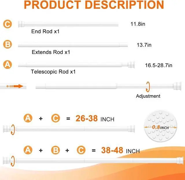 Alt view image 3 of 7 - Tension Curtain Rod 26 to 48 Inch Adjustable Tension Rods 2 Pack Expandable Spring Tension Rod White No Drilling for Closet Kitchen Cupboard Wardrobe Door Bookshelf DIY Projects