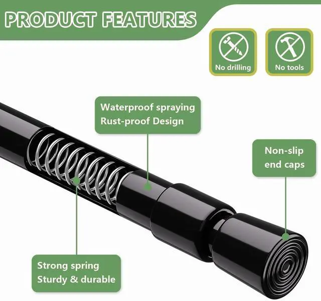 Alt view image 3 of 7 - KXLife 1 Pack Spring Tension Curtain Rod 28-40 inch, 5/8" Diameter, Adjustable Small Curtain Rod No Drilling, Expandable Spring Loaded Tension Rod for Doors and Windows, Black