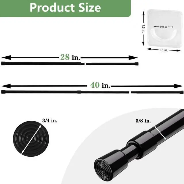 Alt view image 2 of 7 - KXLife 1 Pack Spring Tension Curtain Rod 28-40 inch, 5/8" Diameter, Adjustable Small Curtain Rod No Drilling, Expandable Spring Loaded Tension Rod for Doors and Windows, Black