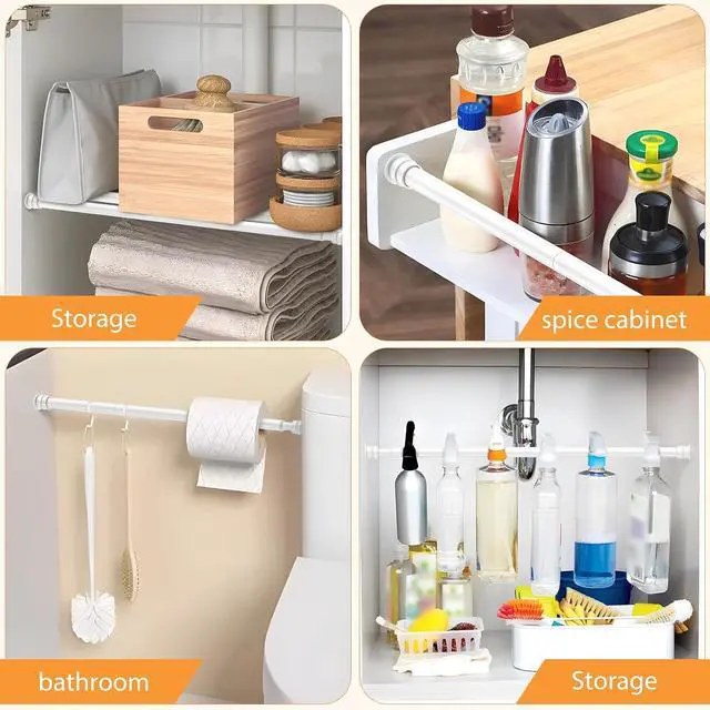 Alt view image 7 of 7 - Tension Curtain Rod 26 to 48 Inch Adjustable Tension Rods 2 Pack Expandable Spring Tension Rod White No Drilling for Closet Kitchen Cupboard Wardrobe Door Bookshelf DIY Projects