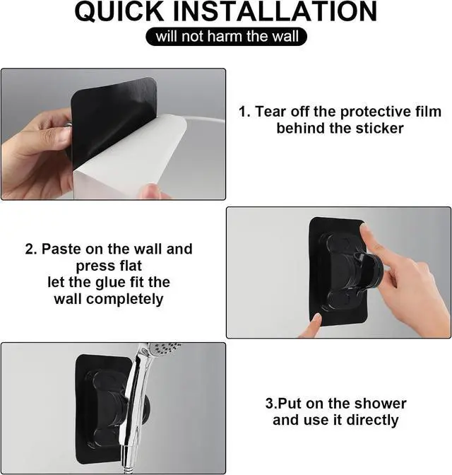 Alt view image 4 of 7 - 4 PCS Shower Head Holder Wall Mount, Adhesive Handle Hose Sprayer Black Silver