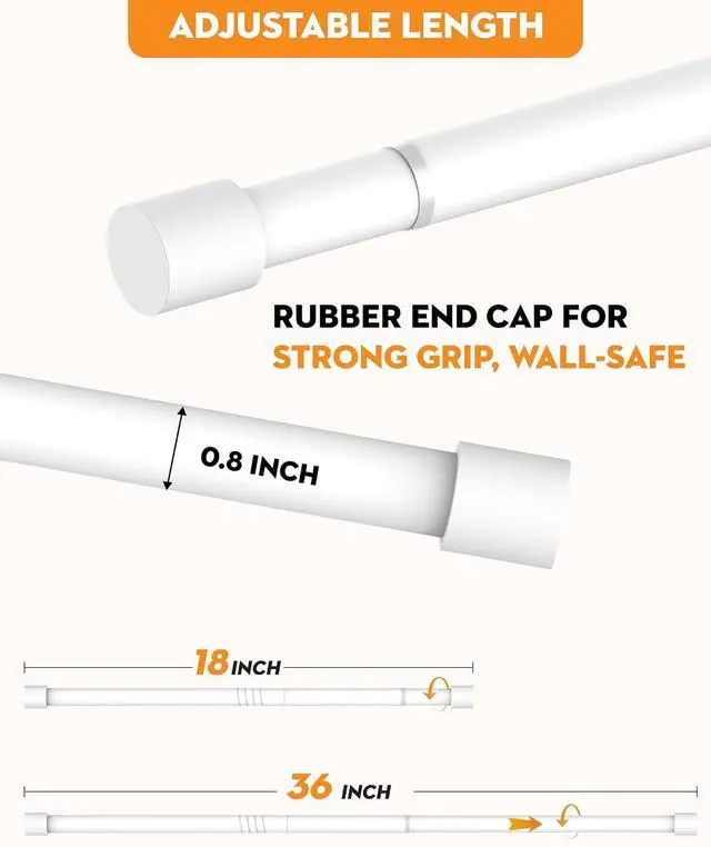 Alt view image 4 of 7 - Spring Loaded Tension Rods 24-36 Inch, Adjustable Pressure Expandable White Tension Curtain Rod No Drilling for Windows, Kitchen, Doorway, Bathroom, Closet