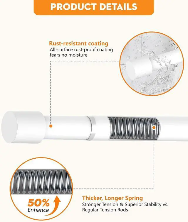 Alt view image 5 of 7 - Spring Loaded Tension Rods 24-36 Inch, Adjustable Pressure Expandable White Tension Curtain Rod No Drilling for Windows, Kitchen, Doorway, Bathroom, Closet
