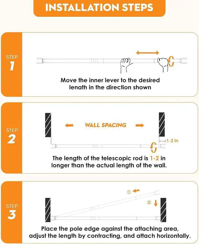 Alt view image 7 of 7 - Spring Loaded Tension Rods 24-36 Inch, Adjustable Pressure Expandable White Tension Curtain Rod No Drilling for Windows, Kitchen, Doorway, Bathroom, Closet