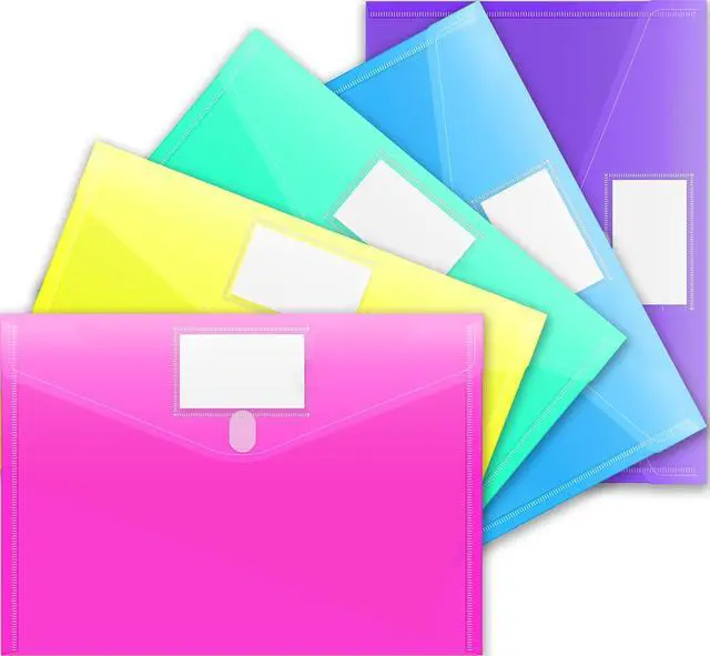 Main image of Sooez 5 Pack File Folders, Clear Poly Envelopes Plastic Folders A4 Pouch | Folder for Documents Letter A4 Size with Label Pocket, Teacher School Office Supplies Organization Storage, Assorted Color
