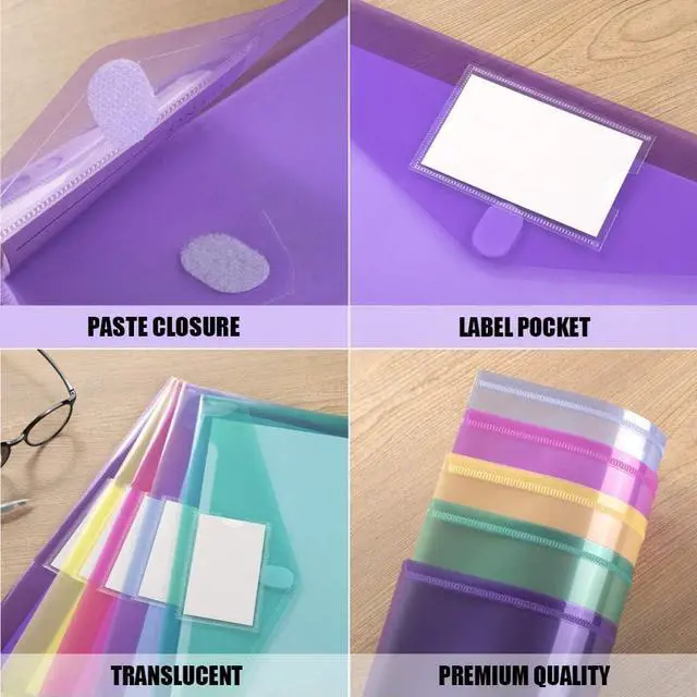 Alt view image 3 of 7 - Sooez 5 Pack File Folders, Clear Poly Envelopes Plastic Folders A4 Pouch | Folder for Documents Letter A4 Size with Label Pocket, Teacher School Office Supplies Organization Storage, Assorted Color