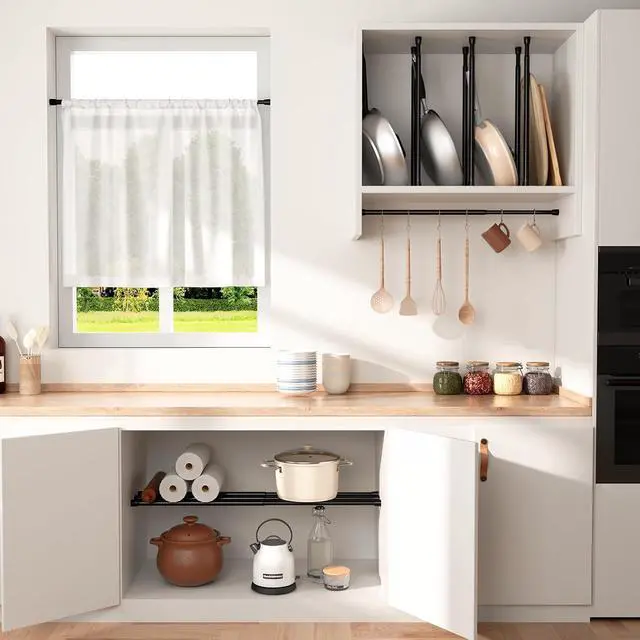 Alt view image 2 of 7 - Spring Tension Rod 18-41", No Drilling Adjustable Black Curtain Rods | 18-29 and 30-41 Inch 2 Sizes Mode, Spring loaded, extendable short rod. For small windows, kitchen, doorway